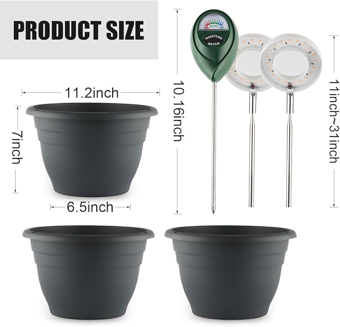 RooTrimmer 2 Pack 11 Inch Plant Pots with LED Grow Lights,Indoor Flower Pots with Full Spectrum Dimmable Lights,Drainage Holes & Plug,Soil Moisture Meter Included,Modern Planters for Home Office