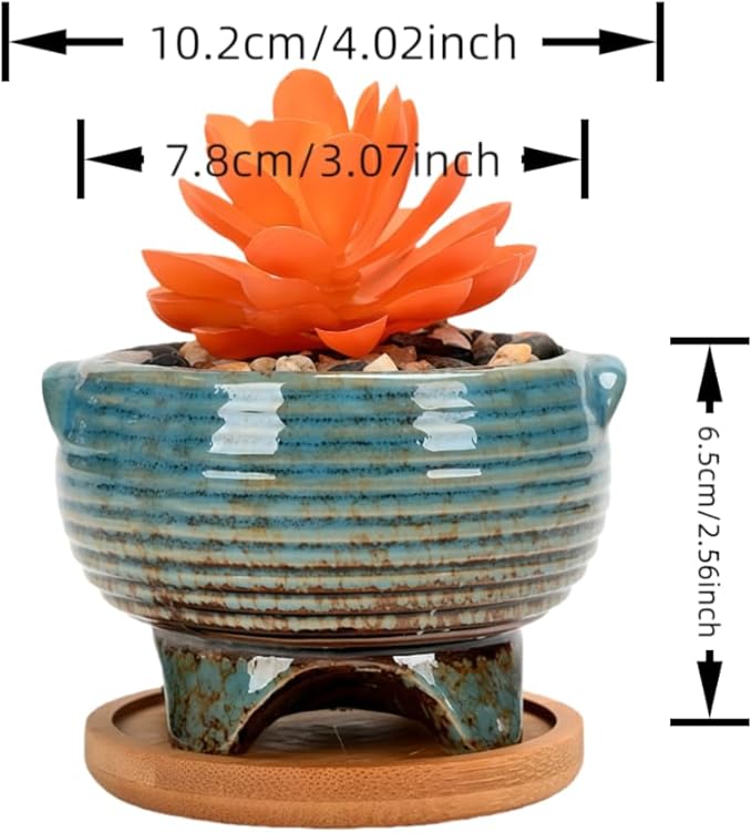 Cute Circular Ceramic Home Garden Decoration Succulent Cactus Flower Pots Container with Bamboo Tray -Plant Not Included (White, 4.02 Inch)