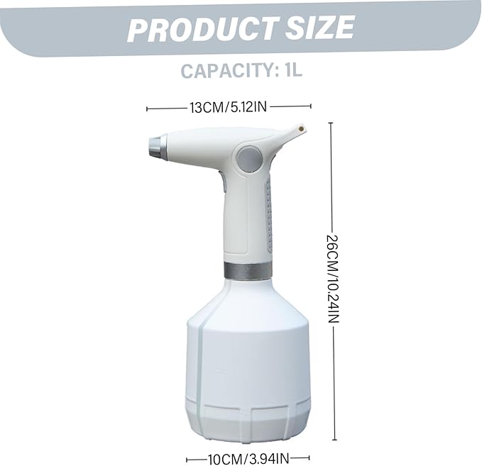 Electric Sprayer, 1000ml Electric Spray Bottle with Adjustable Nozzle, Waterproof Water Sprayer, Rechargeable Plant Mister for Garden Indoor Outdoor, White