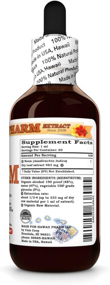 Hawaii Pharm Neem (Azadirachta Indica) Liquid Extract, Tincture, Herbal Supplement, Made in USA, 2x2 fl.oz