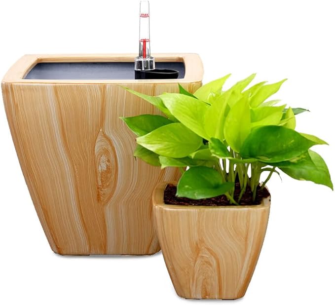 Set of 2 Smart Self-Watering Square Planter Pot for Indoor and Outdoor - Pine Wood Immitation