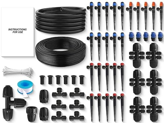 Fast-Lock Drip Irrigation System Kit for Garden Watering with 40 Adjustable Nozzles, Leak-Proof & Easy-Connect Irrigation Kit with 1/2" & 1/4" Tubing, for Greenhouse, Lawn, Indoor Pots(26FT+100FT)