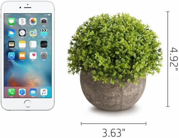 Opps Mini Artificial Plants Plastic Fake Green Grass Flower Topiary Shrubs with Gray Pot for Home Décor – Set of 3 (Green Single)