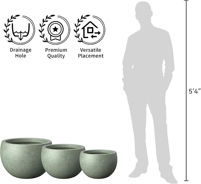 Kante 19.9",15.7",11.8" Dia Round Concrete Planter Set of 3, Outdoor/Indoor Large Bowl Plant Pots with Drainage Hole and Rubber Plug for Garden Patio Balcony Home, Mint Green