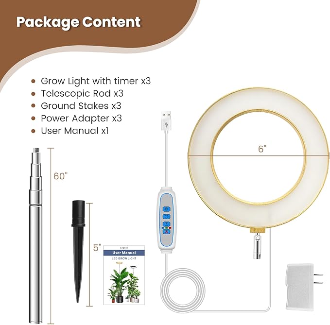 Aokrean 6.3in Plant Lights for Indoor Growing, Full Spectrum Faux Wood Grain Grow Light, 80 LED Growing Lamp with Height Adjustable 10"-65", 6/12/16H Timer, 3 Optional Spectrums, 5 Brightness, 3 Pack