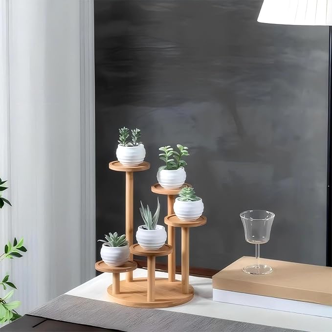 5 Tiered Desk Plant Stand Round Bamboo Plant Shelf Tabletop Succulent Herb Stand Desktop Plant Stand Indoor Plant Rack for in Living Room Office Decoration - Small