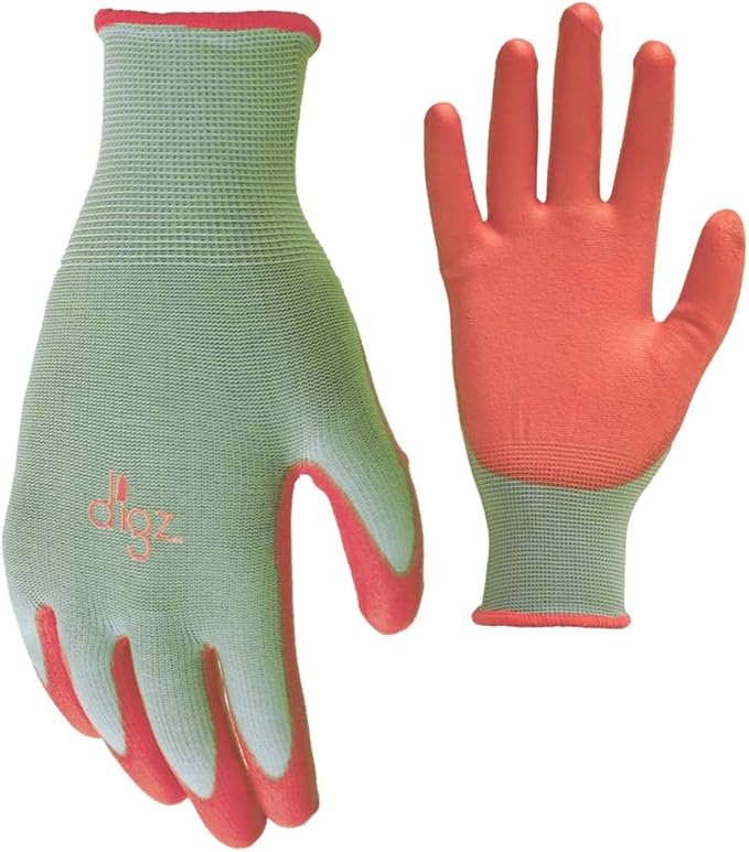 Digz Women's Stretch Knit Garden Gloves with Polyurethane Coating, Green/Pink, Medium