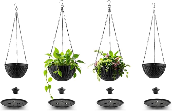 RooTrimmer Hanging Planters for Indoor Outdoor Plants 8 and 10 Inch, 4 Packs Hanging Flower Pot with Drainage Holes, Self-Watering Hanging Basket Perfect for Home, Office and Garden, Black