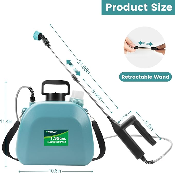 Battery Powered Sprayer 1.35 Gallon, 2026 Electric Garden Sprayer with 3 Adjustable Speeds, 4 Mist Nozzles, Rechargeable Handle, Retractable Wand with Adjustable Shoulder Strap for Weed Lawn(Blue)