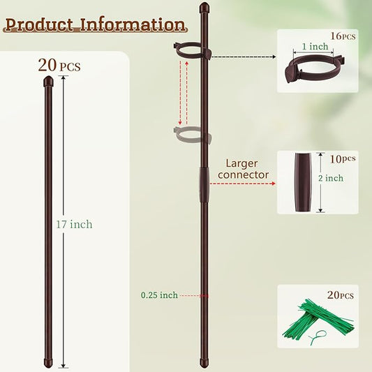 20Pcs Plant Support Stakes 17 inch SupKing Garden Orchid Sticks Extended to 3ft 4ft 5ft Plant Poles with Clips for Indoor Outdoor Potted Tomato Rose Amaryllis Vegetables Comes with 20 Ties(Brown)
