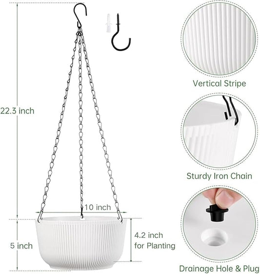 10 Inch Hanging Planters for Outdoor Indoor Plants, Set of 2 Self-Watering Hanging Plant Pots with Drainage Hole & Plug (Hooks)