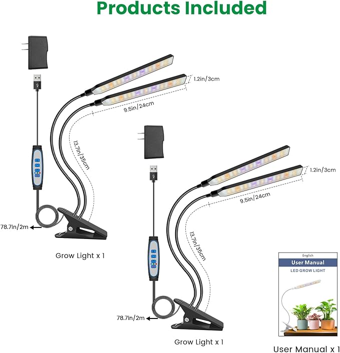 Aumtrly Grow Light Clip on 2 Pack, 228 LED Full Spectrum Plant Lights for Indoor Growing, 2 Head Black Arm Grow Lamp with Gooseneck, 6/12/16H Timer, 5 Dimming, 3 Light Mode