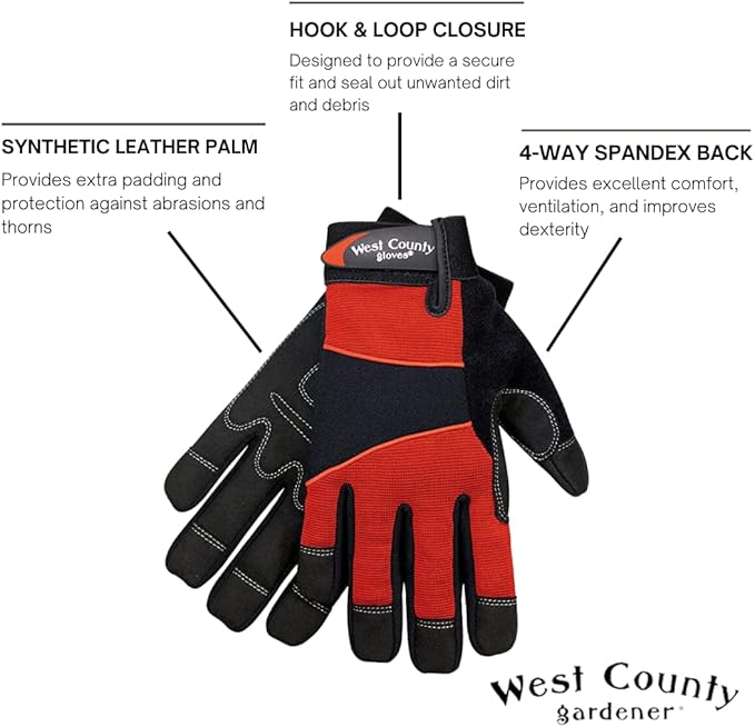 West County Gardener 013B/L Men's Gloves - Large, Brick, Work Gloves with Four-Way Spandex Backing, Adjustable Cuff