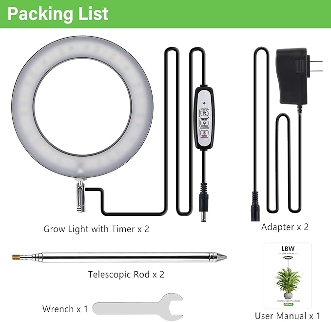 LBW Plant Grow Light, 72 LEDs Full Spectrum Grow Lights for Indoor Plants, Plant Lamp with 4 Dimmable Levels, 4/8/12H Timer, 10.4”-59”Height Adjustable, Halo Plant Lamp for Tall Plants, Black, 2 Pack