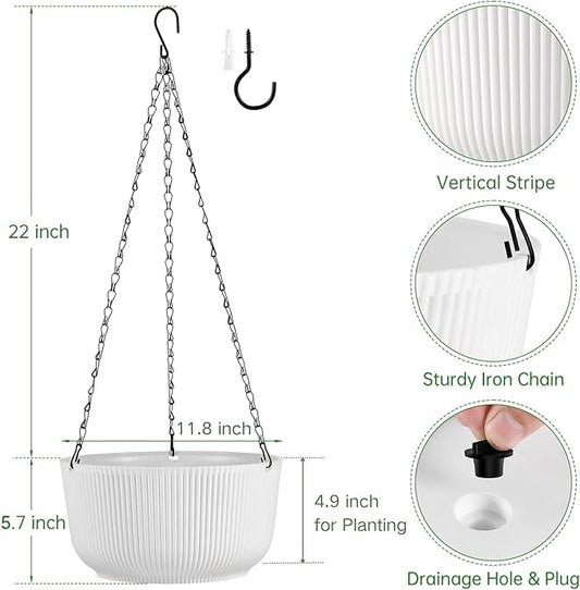 12 Inch Hanging Planters for Outdoor Indoor Plants, Set of 2 Self-Watering Hanging Plant Pots with Drainage Hole & Plug (Hooks)