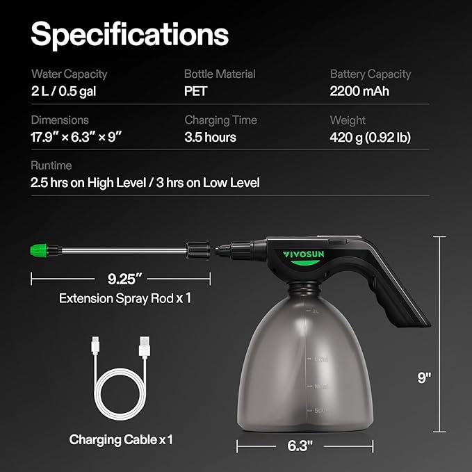 VIVOSUN Battery Powered Sprayer 0.5Gallon, Electric Spray Bottle USB Rechargeable, Automatic Water Pump Plant Mister with Adjustable Pressure, Easy to Refill, 2.2 Ah Battery