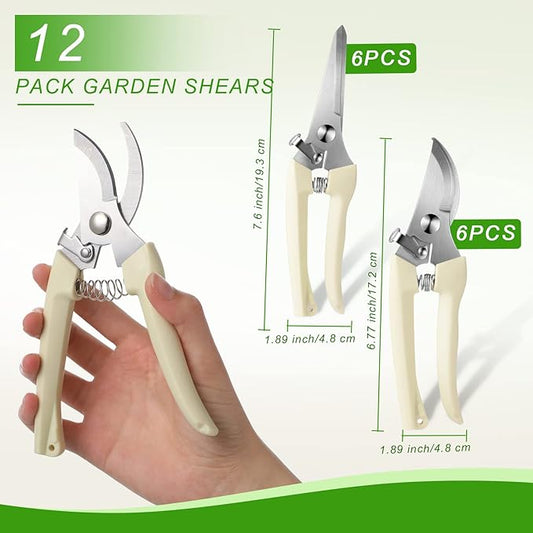 Therwen 12 Pcs Garden Shears Flower Scissors Pruning Shears Floral Garden Clippers Hand Pruners Branch Cutter Gardening Tools for Plants Cutting, Trimming, Fruits Picking (Beige,Bypass, Straight)