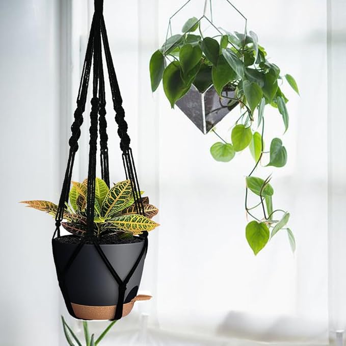 Bouqlife 3 Pack Self Watering Hanging Planters Macrame Plant Hangers with Indoor Flower Pots, 3 Different Size Hanging Basket, Plant Hanger with Hooks for Garden Home Decor Black