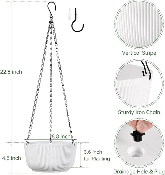 8 Inch Hanging Planters for Outdoor Indoor Plants, Set of 2 Self-Watering Hanging Plant Pots with Drainage Hole & Plug (Hooks)