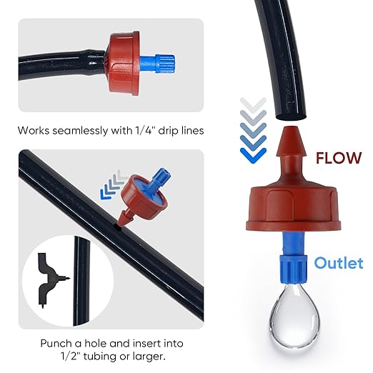 0.5 GPH Pressure Compensating Drippers for Garden System: Self-Cleaning Constant Flow Drippers for 1/4 Inch Drip Irrigation Tubing - Drip Irrigation Emitters for Drip Irrigation System Users (60pcs)