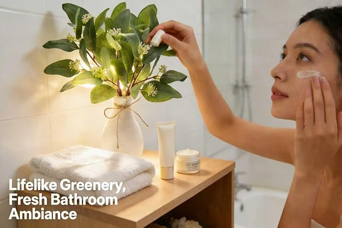 12 Inch Artificial Eucalyptus Plant in White Ceramic Vase Faux Greenery Arrangement with Buds Small Farmhouse Tabletop Decor for Bathroom Bedroom Kitchen Office