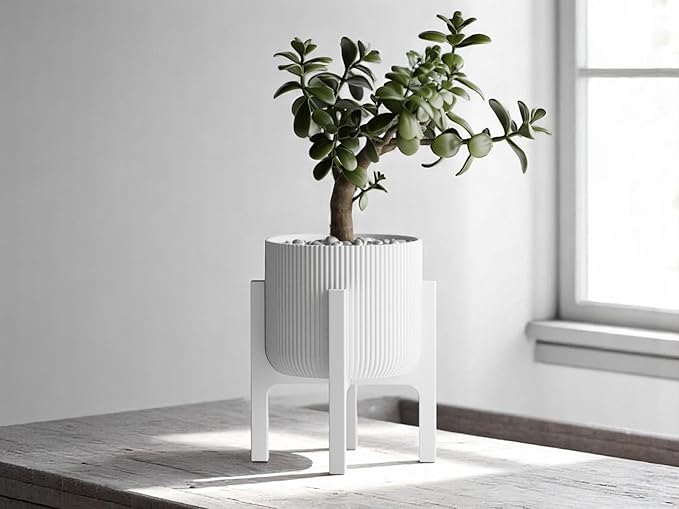 Modern Geometric Planter with Stand – Decorative Indoor Plant Pot with Ridged Top & Smooth Bottom, Stylish Planter for Succulents, Herbs, Small Plants (White - Ridges only and Stand)