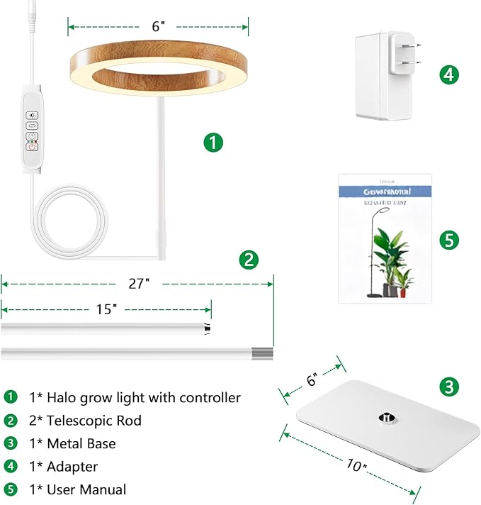 One Head Grow Light for Indoor Plants Full Spectrum - Floor Standing Plant Lamp with Auto Timer 6/12/18H, 5-Level Dimmable & Adjustable Height 16.5-68in for Large Tall Plants |Faux Wood Design