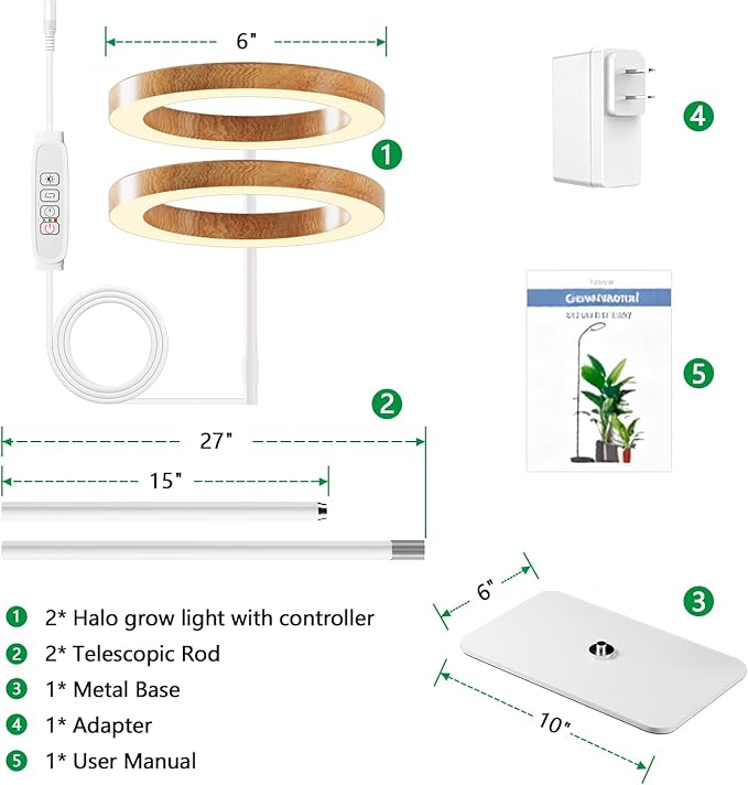 Dual Head Grow Light for Indoor Plants Full Spectrum-Floor Standing Plant Lamp with Auto Timer 6/12/18H, 5-Level Dimmable & Adjustable Height 16.5-68in for Large Tall Plants | Faux Wood Design
