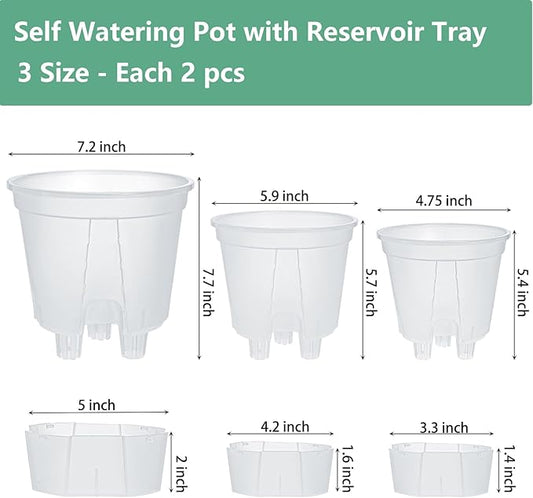 yarlung 6 Pack Self Watering Pots for Indoor Plants with Reservoir Tray and Holes, Clear Plastic Self Watering Planters for Outdoor Plants Flowers, Round 4.75" 6" 7"
