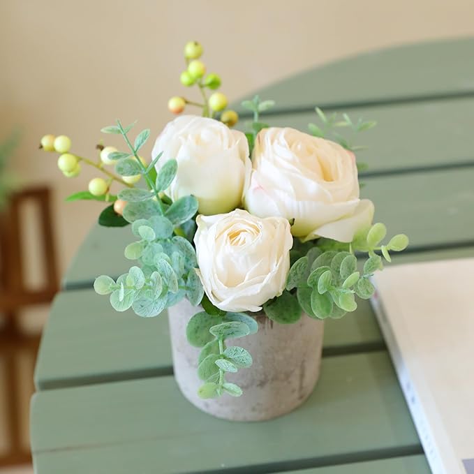 Small Artificial Burnt White Rose Potted Plant, 6" Fake Silk Flowers in 3" Cylindrical Pot, Mini Faux Floral Arrangement for Desk Shelf Bathroom Decor