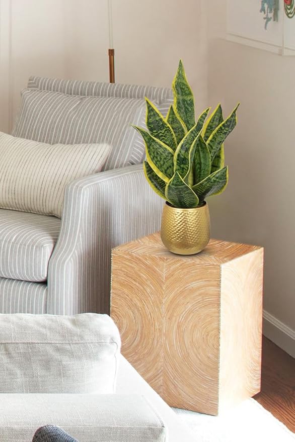 DILATATA Artificial Snake Plant in Gold Pot, 18” Faux Sansevieria Potted Plant for Home Office Decor, Fake Snake Plants Laurentii Indoor Modern Tabletop Decor Faux Mother in Law Tongue