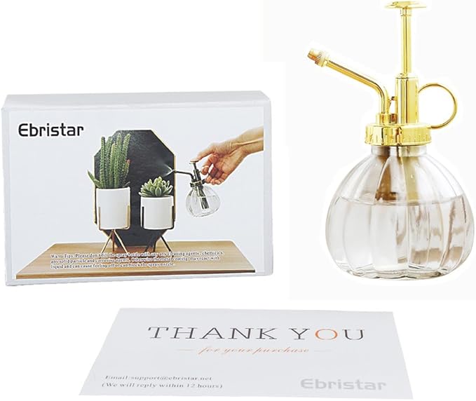 Plant Mister, 6.5" Tall Decorative Glass Water Spray Bottle with Gold Top Pump Small Watering Can by Ebristar - Clear
