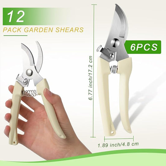 Therwen 12 Pcs Garden Shears Flower Scissors Pruning Shears Floral Garden Clippers Hand Pruners Branch Cutter Gardening Tools for Plants Cutting, Trimming, Fruits Picking (Beige,Bypass)
