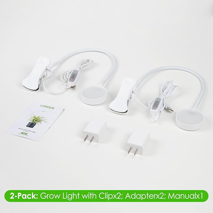 LORDEM Small Pot Clip Grow Light, Full Spectrum LED Plant Grow Lamp for Indoor Growing, Auto On/Off Timer 4/8/12H, Plant Light with 4 Dimmable Brightness Levels, Ideal for Small Indoor Plants, 2 Pack