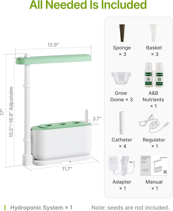 SUNCOZE Hydroponics Growing System Kit with 3 Pods – Full Spectrum LED Grow Light, Adjustable Height Indoor Herb Garden, Compact Hydroponic System for Beginners,Gardening Gifts
