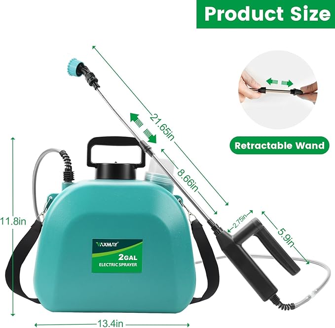 Battery Powered Sprayer 2 Gallon, 2026 Upgrade Electric Sprayer with 3 Adjustable Speed, Battery Indicator, 4 Mist Nozzles, Rechargeable Retractable Wand with Adjustable Shoulder Strap for Lawn Garden