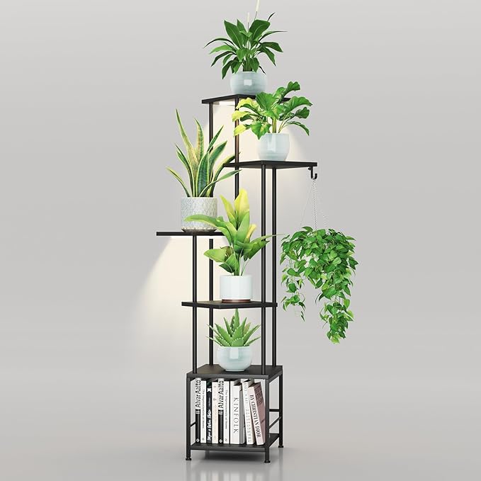 Homsorout Plant Stand Indoor with Grow Light, 6-Tiered Tall Plant Stand Indoor, Metal Plant Shelf with Hanging Basket Hook and Adjustable Light, Ideal for Living Room, Garden, Patio, Black