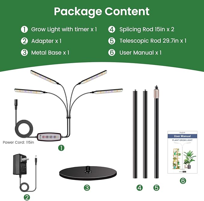 Kullsinss Grow Lights for Indoor Plants with Stand, 4-Heads Full Specturm Plant Grow Light with 4/8/12/16H Timer, 3 Color Modes, 360° Flexible Gooseneck, 24-68.7in Hight Adjustable Grow Lamp, Black