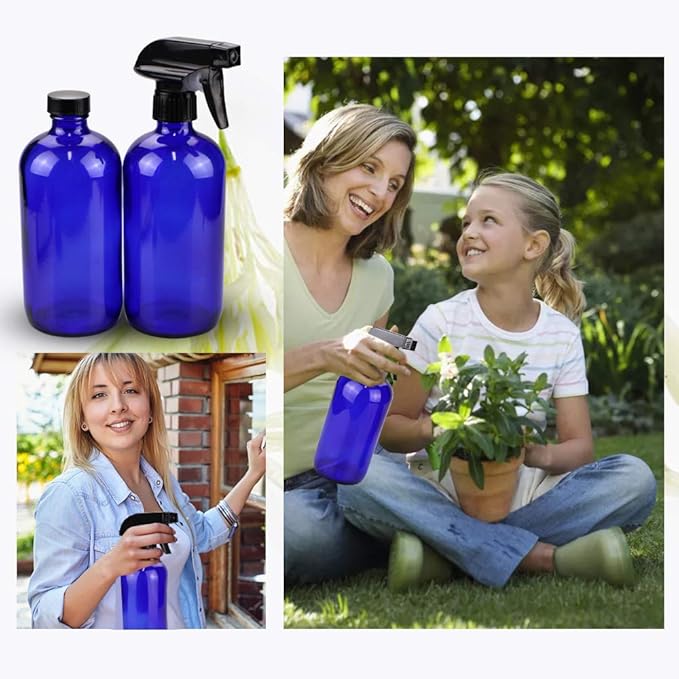 Loretoy Glass Spray Bottle Kit×10 (2×16 oz, 2×4 oz, 6×2 oz), 9×10 ml Roller Bottles, Anti UV, Multi Size and Versatile, Suitable for Aromatherapy, Facial Moisturizing, Watering, etc.(Blue