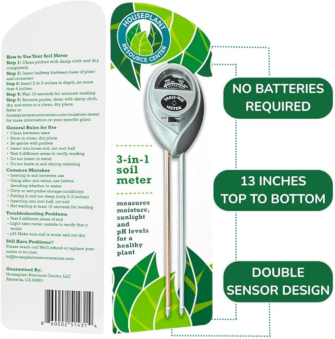 Houseplant Health Meter – 3-in-1 Tool to Prevent Overwatering, Root Rot & Leaf Burn | Test Soil Moisture, Sunlight & pH | Simple, Easy, Battery-Free | Suitable for Indoor, Outdoor & Potted Plants