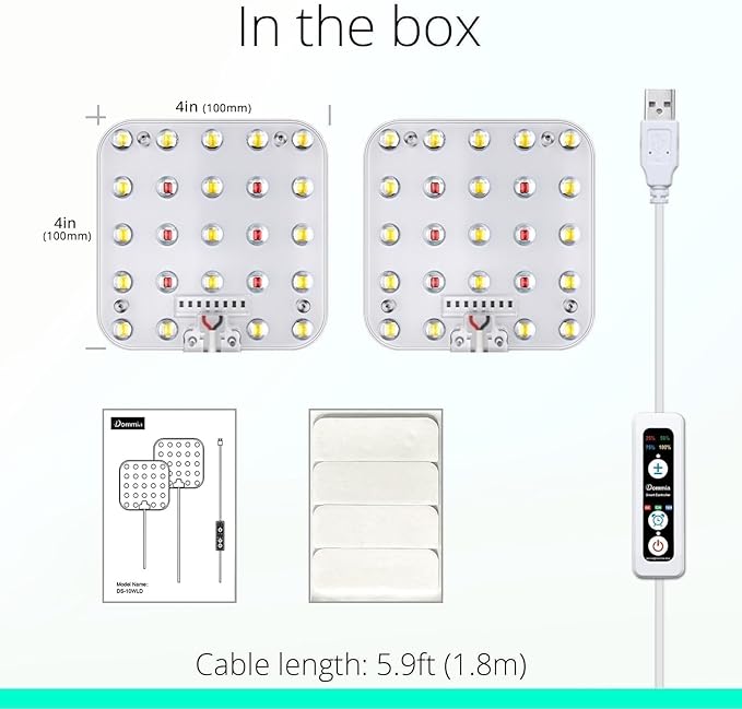 DOMMIA Full Spectrum LED Grow Light for Indoor Plants, 2 Panels 10W with 6/12/16h Timer Dimmable Plant Lights for Flower Veg Plant Growth USB, Daylight White, 1-Pack