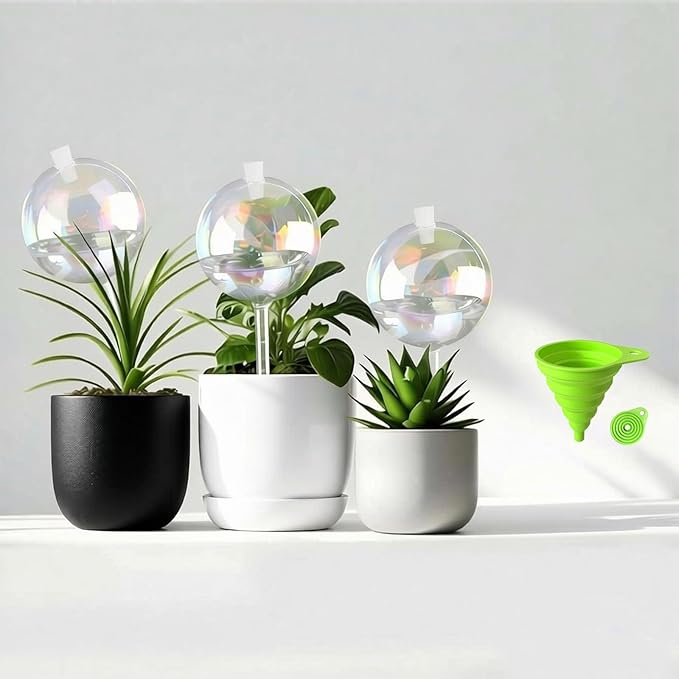 3 PCS Top-Fill Self Watering Globes, Automatic Plant Watering Devices, Transparent Self Watering Planter Insert, Durable Clear Glass Aqua Bulbs for Indoor, Ball Shape, & Funnel