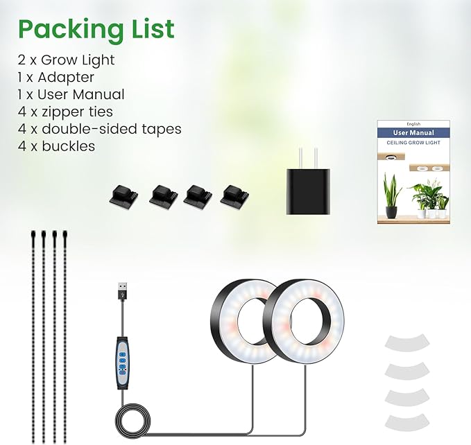 Wiaxulay Grow Lights for Indoor Plants, 96 LEDs Full Spectrum LED Plant Grow Light, 5V/2A Under Cabinet Grow Lamp with Auto Timer 6/12/16 Hrs, 3 Lighting Mode, 5 Brightness, Two Head (3.5in)