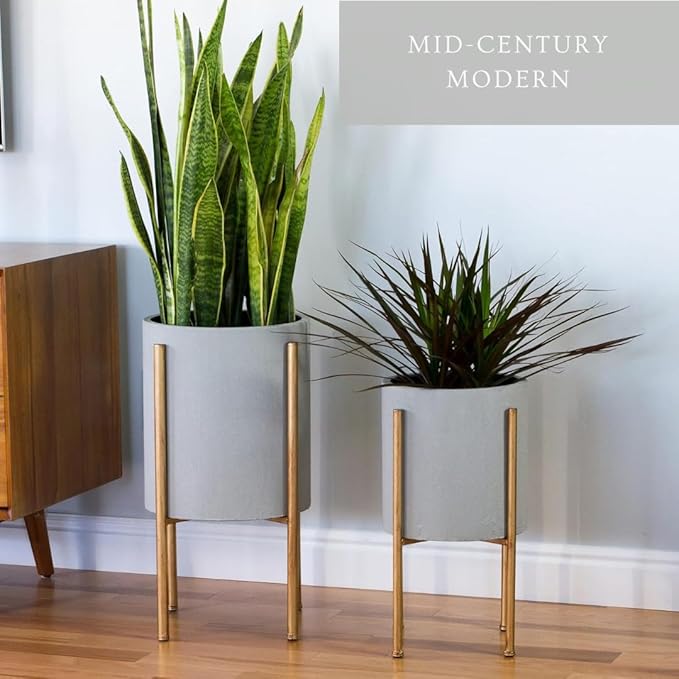 Aspire Mid-Century Modern Planter Set of 2, Gray Indoor Plant Pots with Golden Metal Stand, Home Decor Planters for Plants, Hallway, Bedroom, Living Room