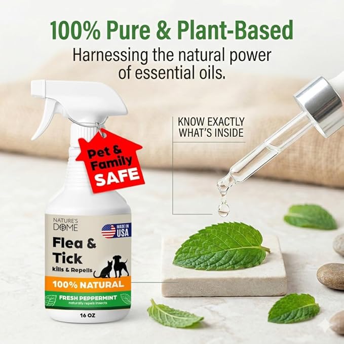 Nature’s Dome Peppermint Flea and Tick Spray 16 Oz | Non Toxic, Plant-Based Pest Control Peppermint Oil Spray for Mosquitos, Larvae & Eggs | Indoor and Outdoor Use | Safe for Pets & Kids
