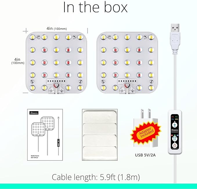 DOMMIA Full Spectrum LED Grow Light for Indoor Plants, 2 Panels 10W with 6/12/16h Timer Dimmable Plant Lights for Flower Veg Plant Growth USB, Netural White, 2-Pack