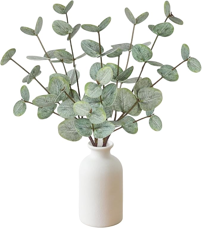 15" Artificial Eucalyptus Stems Potted Plant - Realistic Small Fake Desk Plants for Office Home Decor, Faux Plants in Frosted Ceramic Vase for Indoor Spaces, Wedding Centerpieces Table Decor(4pcs leaf