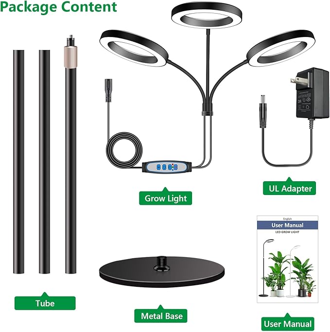 Aumtrly Grow Lights for Indoor Plants, 3 Head Full Spectrum Plant Light with 68" Adjustable Stand for Growing Large Tall Plants, Black Halo Floor LED Grow Lamp with 16 Hour Timer