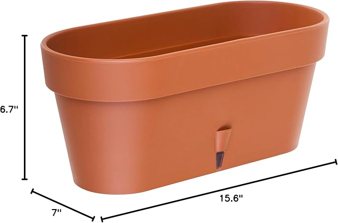 DECOPOTS - Pack of 3 - Self Watering Window Box Planter - Indoor/Outdoor - Windowsill/Oblong Shape Plastic Planter with Bottom Watering and Water Level Indicator (15.6 Inch Long, Terracotta)