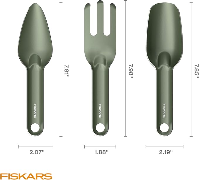 Fiskars 3-Piece Plant Cultivating Tool Set, Nesting Trowel, Soil Scoop & Cultivator for Indoor Gardening, Stainless Steel with Green Powder Coat Finish, Space Saving Design for Repotting Houseplants